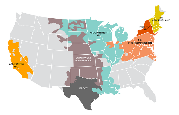 Map of the US showing regional pools and ISOs