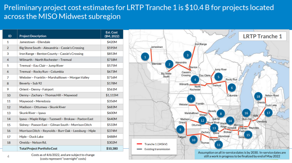 Map with project costs for LRTP Tranche 1