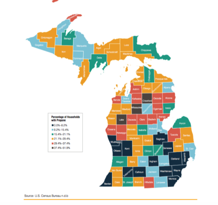 Map showing percentage of households with propane in Michigan by county