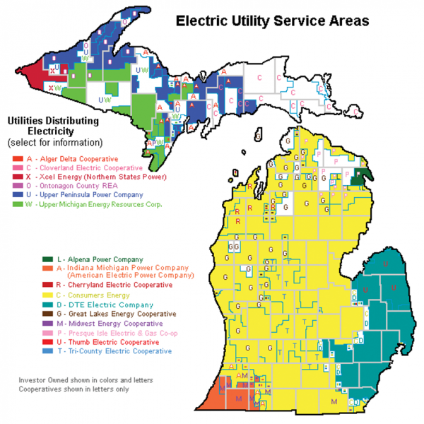 Map showing electric utility service areas in Michigan